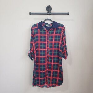 Zara Trafaluc Collection Red Plaid Button Down Collar Tunic Top Size Medium